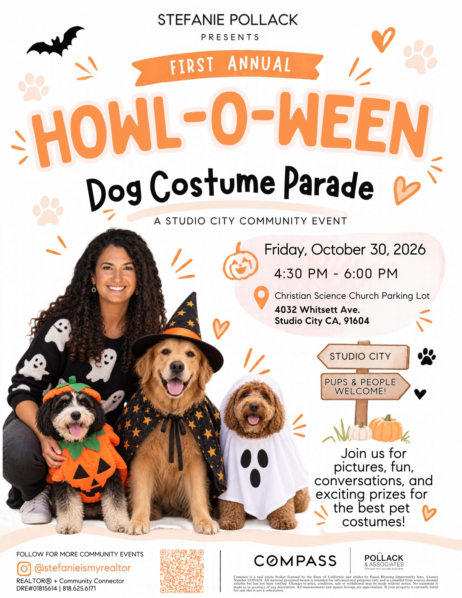 Howl-O-Ween Dog Costume Parade flyer: Friday, October 30, 2026, 4:30 to 6:00 PM at the Christian Science Church parking lot, 4032 Whitsett Ave, Studio City